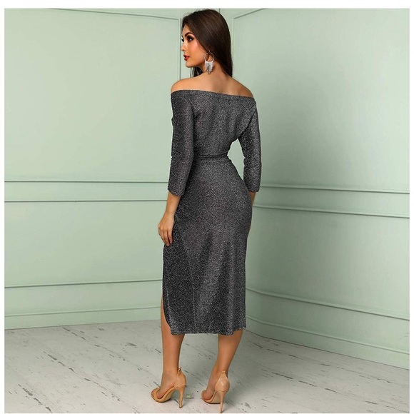 Off Shoulder Ruched Thigh Slit Dress - Picture 2 of 6